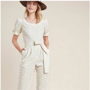 Gal Meets Glam Garden Party Jumpsuit Linen Cream Floral Cottagecore Size 2